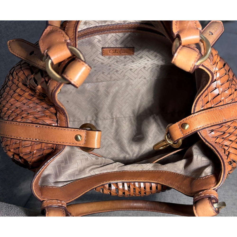 Cole Haan Woven Leather Hobo Bag Cognac Brown Satchel Gold Hardware - Picture 8 of 11